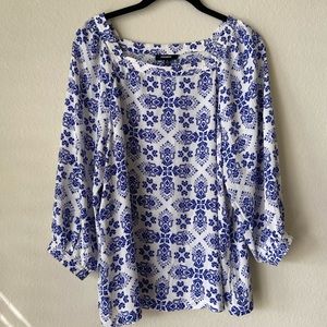 Premise Blue and White 3/4 Sleeve Square Neck Blouse, Size M